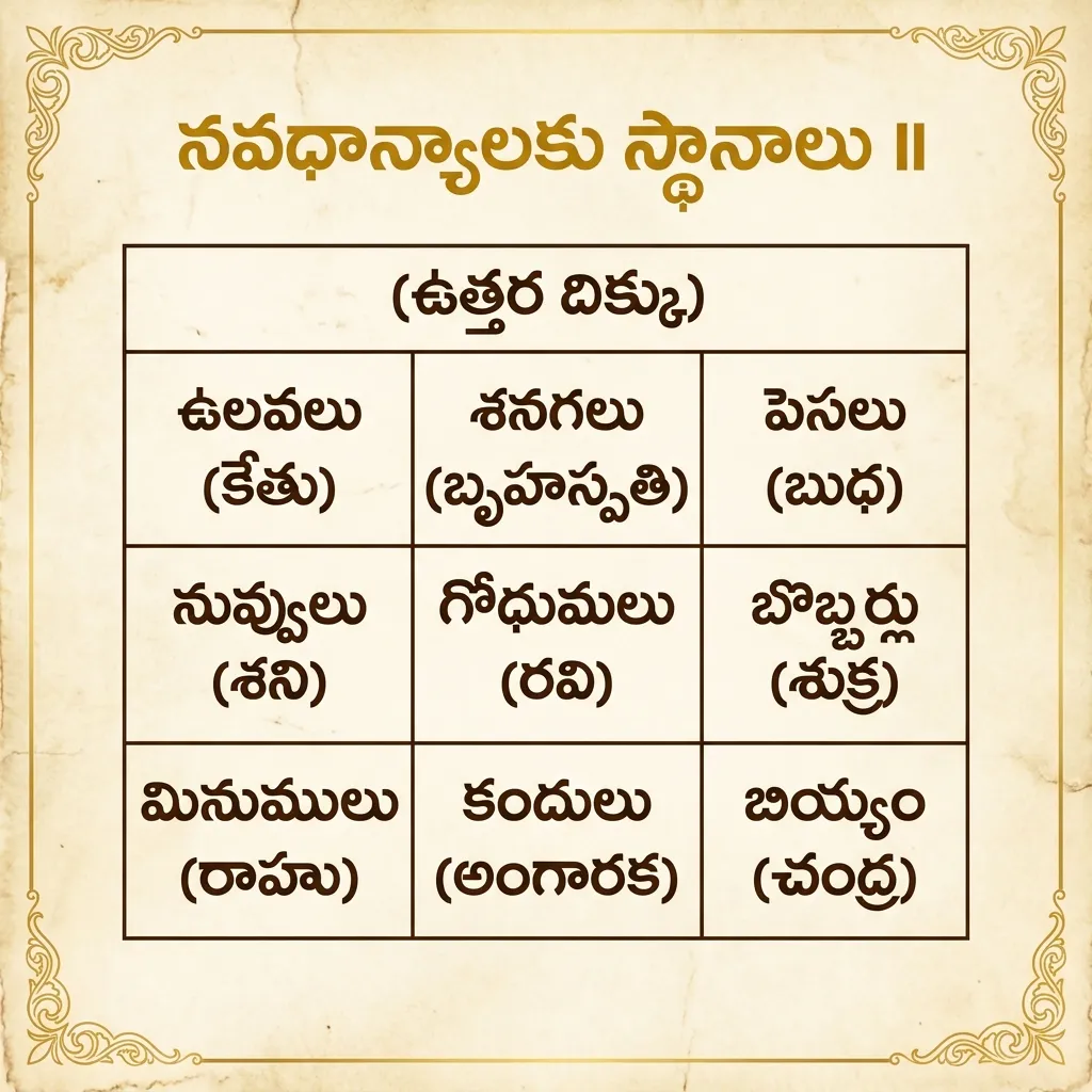 నవధాన్యాలకు స్థానాలు